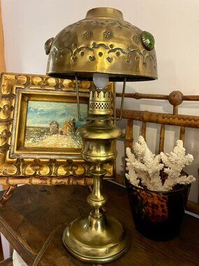 Vintage Brass Jeweled Boudoir Lamp Art Nouveau Style Accent Light repoussé-style